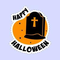 Sticker Style Happy Halloween Font With Tombstone Or Graveyard On Orange And Blue Background. vector