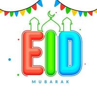 Colorful Stylish Eid Mubarak Font With Linear Mosque, Bunting Flags Decorated On White Background. vector