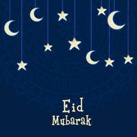 Eid Mubarak Greeting Card Decorated With Crescent Moon, Stars Hang On Blue Mandala Pattern Background. vector