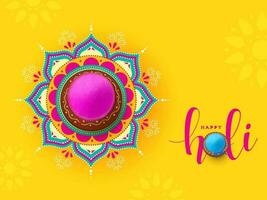 indio festival de colores, contento holi concepto, un tradicional maceta con lleno de seco colores en hermosa mandala y vibrante amarillo antecedentes. vector