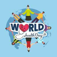 Sticker Style World Health Day Font With Heart Checkup From Stethoscope And People Holding Hands Together On Blue Worldwide Background. vector