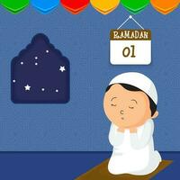 linda islámico chico ofrecimiento namaz oración a estera con calendario demostración Ramadán en azul islámico modelo antecedentes. vector