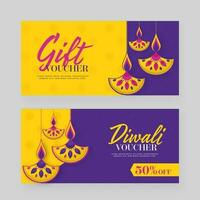 Diwali Gift Voucher Template Or Banner Set With Discount Offer And Hanging Lit Oil Lamps. vector