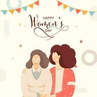 Happy Women's Day Celebration Concept With Young Daughter Embracing Her Mother And Bunting Flags On White Background. vector