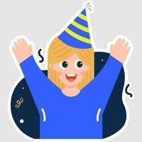 Vector Illustration Of Happy Little Girl Wearing A Party Hat In Sticker Style On blue Background.