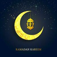 Golden Ramadan Kareem Text With Bokeh Effect Yellow Crescent Moon, A Lantern Hang On Blue Lights Effect Background. vector