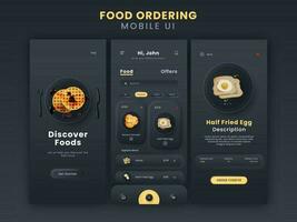 Food Ordering Mobile App UI Including Login, Discover Dish, Description Screen Template On Black Background. vector