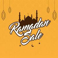 Ramadan Sale Poster Design With Silhouette Mosque And Linear Lanterns Hang On Orange Islamic Pattern Background. vector