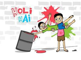 Funny Boy Picking Up His Friend To Put Him In Barrel Full Of Liquid Color On White Brick Wall Background And Sticker Style Holi Hai It's Holi Text. vector