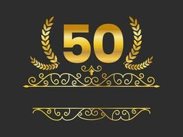 Golden 50 Number With Laurel Wreath And Motif On Black Background. vector