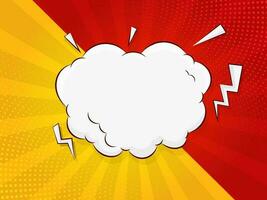Empty Comic Cloud Frame With Lightning Bolts On Red And Yellow Rays Dotted Background. vector