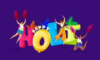 Colorful Holi Balloon Font With Faceless Teenager Girls Playing Colors On Purple Background. vector