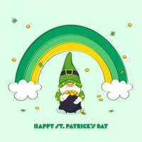 Happy St. Patrick's Day Font With Cartoon Gnome Holding Cauldron Of Coins In Leprechaun Dress And Rainbow On Pastel Green Background. vector