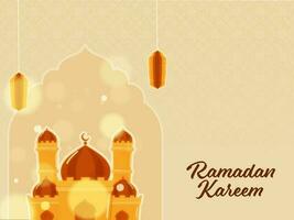 Ramadan Kareem Concept With Paper Lanterns Hang And Mosque Illustration On Pastel Brown Bokeh Islamic Pattern Background. vector