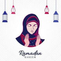 Vector Illustration Of Islamic Woman Praying And Lanterns Hang On White Rhombus Check Pattern Background For Ramadan Kareem Concept.