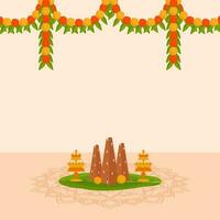 Thrikkakara Appan Idol With Lit Oil Lamp Stand Over Banana Leaf, Floral Garland And Copy Space On Peach Background. vector