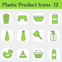 Flat Style Plastic Product Square Icon Set In Green Color. vector