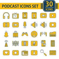 Flat Style Podcast Icon Set In Yellow And White Color. vector