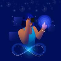 Young Woman Touching A Virtual Object Through VR Box And Loop Symbol On Blue Lights Effect Background For Metaverse Technology Concept. vector