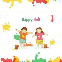 Cheerful Indian Kids Enjoying And Celebrate Festival Of Colors And Buckets On Abstract Background. vector