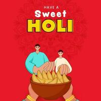 Indian Female Offering Sweet To Young Men On The Occasion Of Holi Celebration. vector