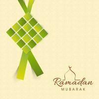 Ramadan Mubarak Font With Paper Ketupat Hang On Pastel Yellow Flourish Pattern Background. vector