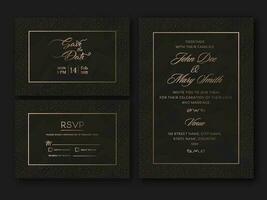 Boda invitación tarjeta suite como salvar el fecha, rsvp modelo diseño con ligero efecto en negro color. vector