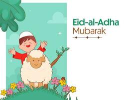 Eid al-Adha Mubarak saludo tarjeta con alegre islámico chico, dibujos animados oveja, floral en blanco y turquesa antecedentes. vector