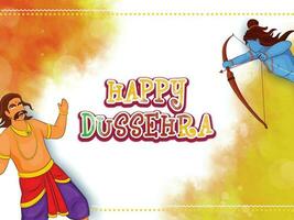 Sticker Style Happy Dussehra Font With Lord Rama Taking An Aim Against Demon Ravana And Blurred Watercolor Splash On White Background. vector