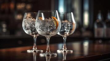 lentes de frío Ginebra tónico en mesa en bar con negro bolsa redonda, generativo ai foto