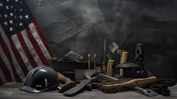 Happy Labor day concept. American flag with different construction tools on dark stone background, photo