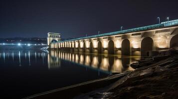 View of the hydroelectric power plant on the river, dusk, long exposure, photo
