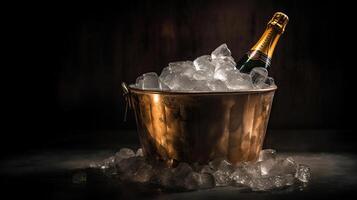 Bottle of champagne in bucket of ice, photo