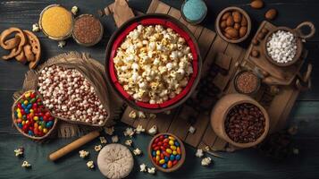 Festa Junina party background with popcorn, peanuts and traditional sweets, photo