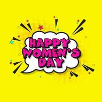 Pink Happy Women's Day Font Over Comic Speech Bubble With Stars On Yellow Halftone Background. vector