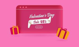 San Valentín día rebaja bandera diseño con descuento oferta y 3d regalo cajas en rosado antecedentes para en línea compras concepto. vector