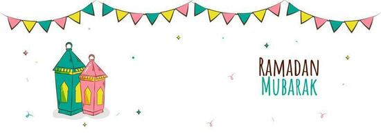 Ramadan Mubarak Concept With Arabic Lanterns And Bunting Flags Decorated On White Background. vector