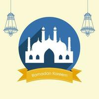 Ramadan Kareem Font With Mosque, Doodle Lanterns Hang On Blue And Light Yellow Background. vector