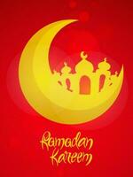 Ramadan Kareem Celebration Template Design With Yellow Crescent Moon, Mosque On Red Bokeh Background. vector