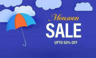 Monsoon Sale Banner Design With Clouds And Umbrella Illustration. vector