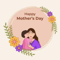 contento de la madre día celebracion concepto con linda bebé besos su mamá y floral en melocotón antecedentes. vector