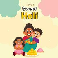 Cheerful Indian Woman With Her Kids Eating Sweets On The Occasion Of Holi Celebrate. vector