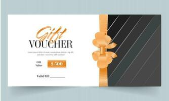 Gift Voucher Banner Or Header Design With Golden Bow Ribbon In White And Black Color. vector