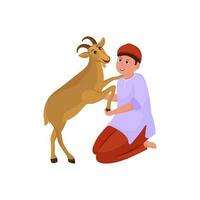 Muslim Young Boy Holding Goat In Sitting Pose Against White Background. vector