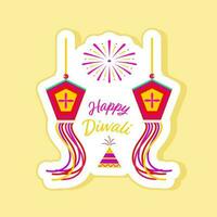 Happy Diwali Message Sticker Of Burning Firecracker Anar Against Kandil Hang White And Yellow Background. vector