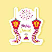 Happy Diwali Message Sticker Of Burning Firecracker Anar Against Kandil Hang White And Yellow Background. vector