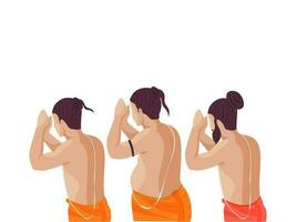 Side View Of Three Saint Or Brahman Doing Namaste In Standing Pose. vector