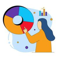 Faceless Female Employee Presenting Pie Chart With Bar Graph On Blue And White Background. vector