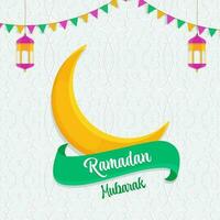 Ramadán Mubarak concepto con amarillo creciente luna, tradicional linternas colgar y verderón banderas en blanco Arábica o floral modelo antecedentes. vector