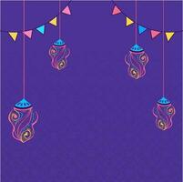 Creative Elegant Lanterns Hang And Bunting Flags Decorated Purple Islamic Pattern Background With Copy Space. vector